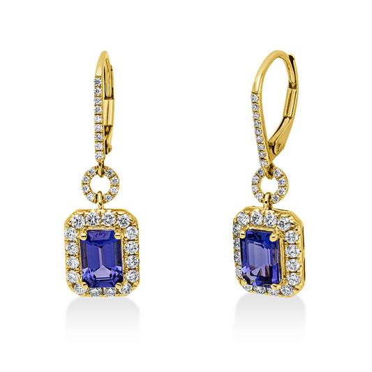Ohrschmuck 14 kt GG+WG, 66 Brill. 0,69 ct, TW-si, 2 Tansanit 2,04 ct blau