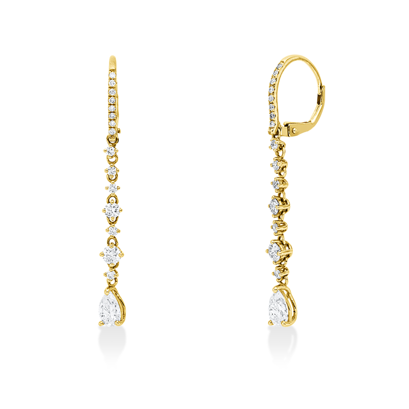 Ohrschmuck 18 kt GG+WG, 2 Tropfen 0,77 ct, TW-si, 30 Brill. 0,62 ct, TW-si
