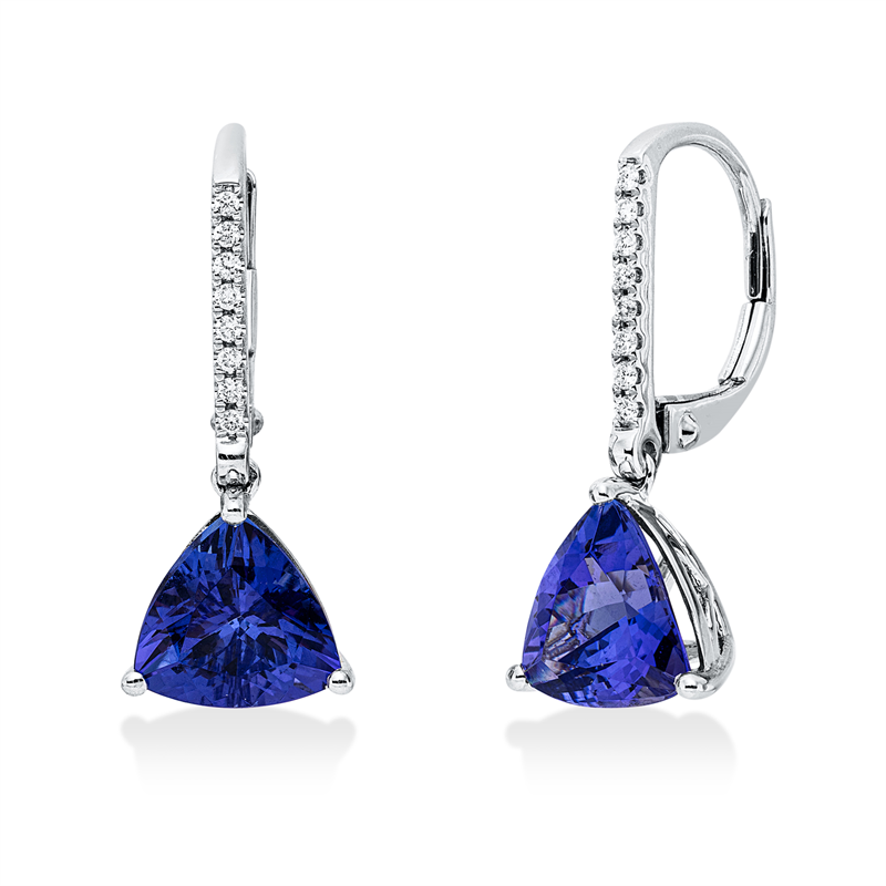 Ohrschmuck 14 kt WG, 16 Brill. 0,08 ct, TW-si, 2 Tansanit 3,55 ct blau