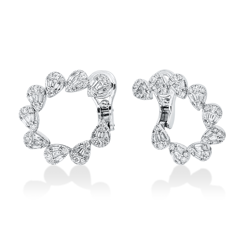Creolen 18 kt WG, 54 Bag. 1,09 ct, TW-si, 72 Brill. 0,88 ct, TW-si