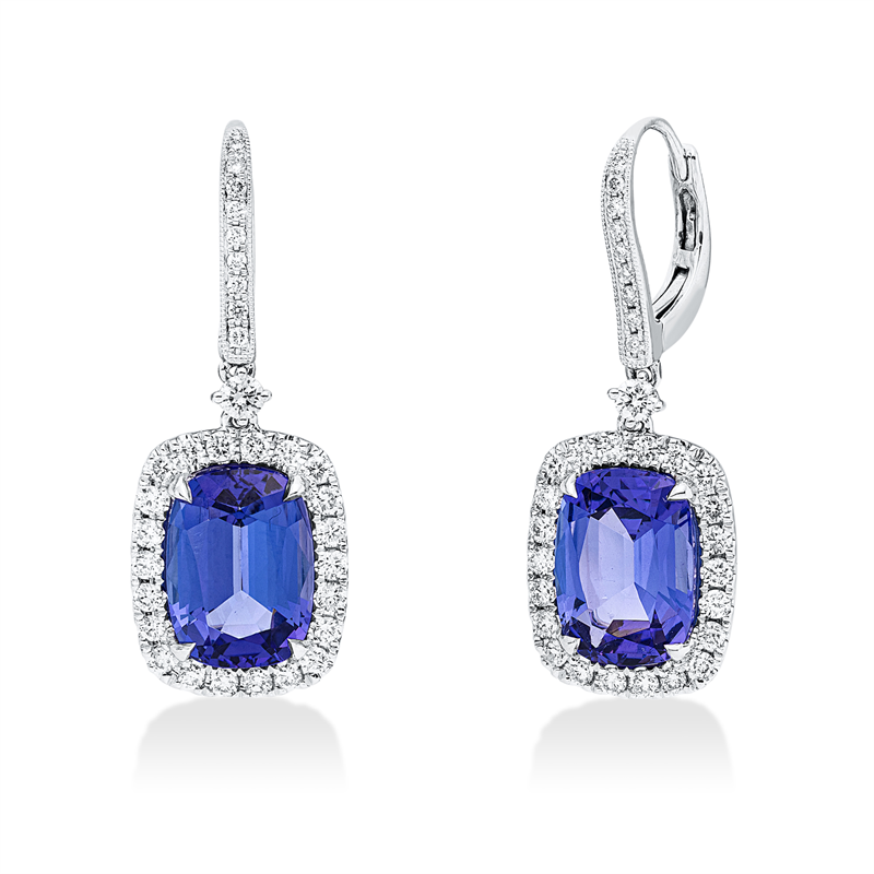 Ohrschmuck 18 kt WG, 64 Brill. 0,81 ct, TW-si, 2 Tansanit 6,96 ct blau