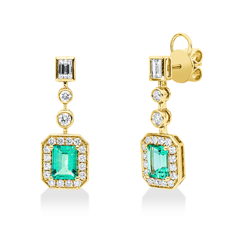 Ohrschmuck 18 kt GG, 2 Bag. 0,34 ct, TW-si, 36 Brill. 0,64 ct, TW-si, 2 Smaragde 1,32 ct grün