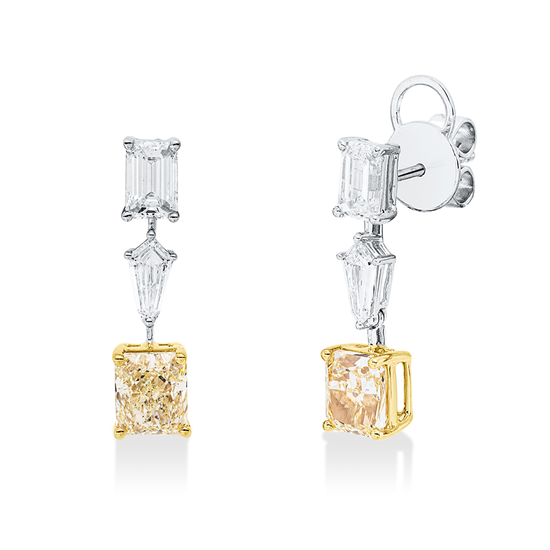 Ohrschmuck 18kt, 1 Radiant 1,01ct, gelb-vs2, 1 Radiant 1,01ct, gelb-vs1, 4 Fant-Schl.1,20 ct,TW-si