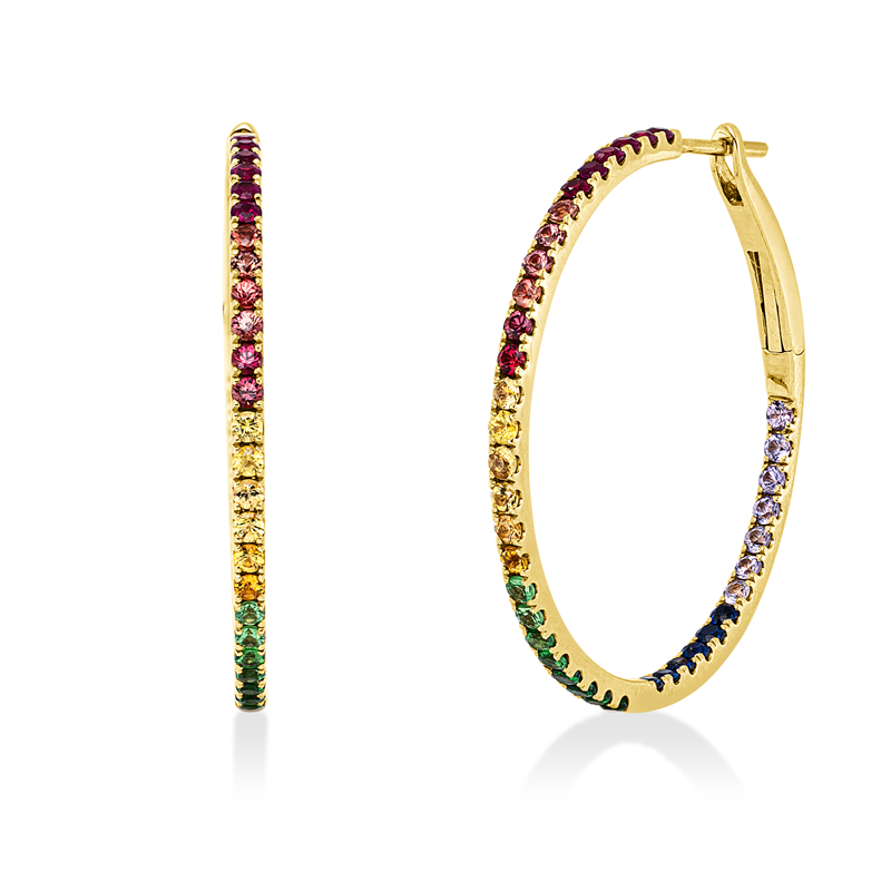 Creolen 18 kt GG, 50 Saphire 1,23 ct multicolor, 16 Tsavorith 0,39 ct grün, 12 Rubine 0,33 ct rot