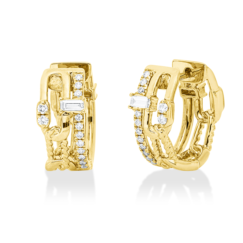 Creolen 18 kt GG, 4 Brill. 0,06 ct, TW-si, 2 Bag. 0,11 ct, TW-si, 22 Brill. 0,14 ct, TW-si