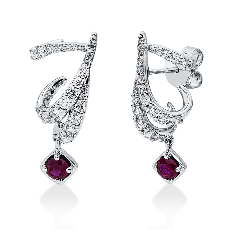 Ohrschmuck 18 kt WG, 16 Brill. 0,25 ct, 16 Brill. 0,53 ct, 16 Brill. 0,08 ct, TW-si, 2 Rubine 0,55 ct rot