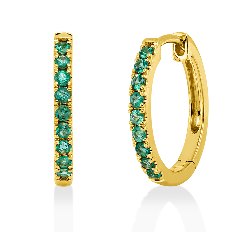 Creolen 18 kt GG, 18 Smaragde 0,28 ct grün