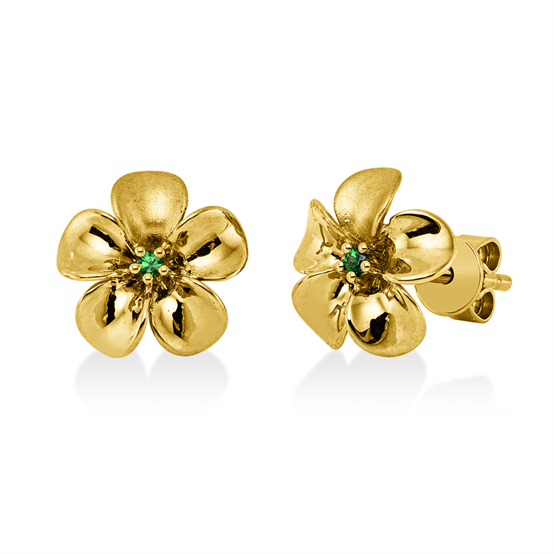 Ohrstecker 18 kt GG, teils mattiert, 2 Tsavorith 0,04 ct grün