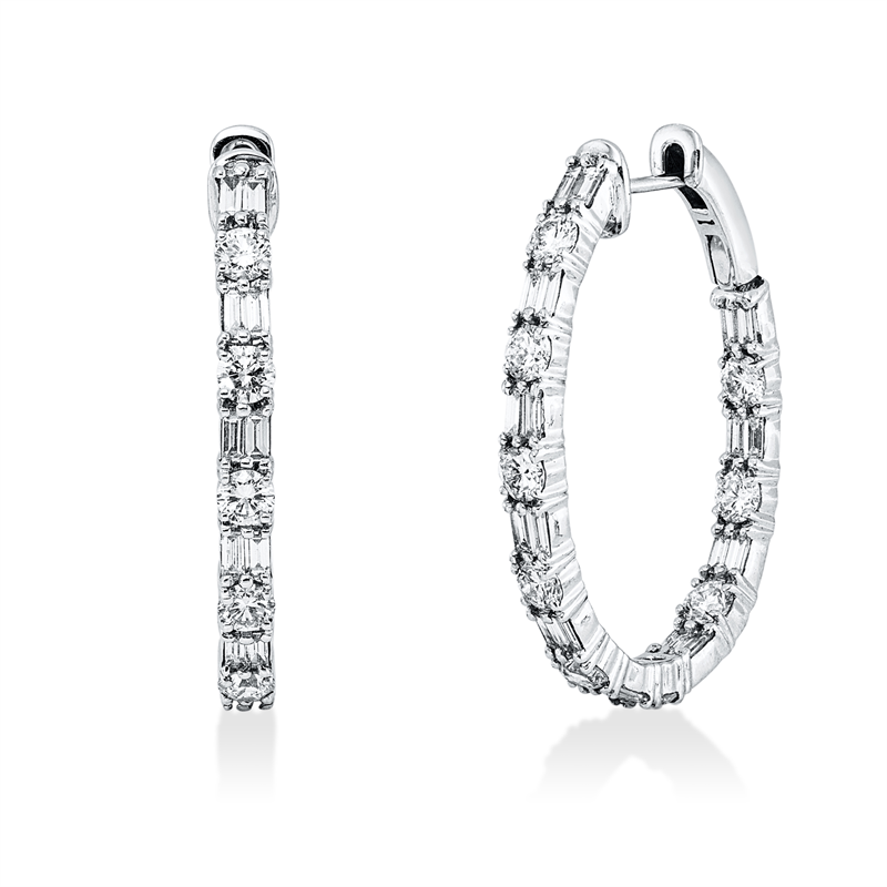 Creolen 18 kt WG, 40 Bag. 0,91 ct, TW-si, 18 Brill. 1,62 ct, TW-vsi/si