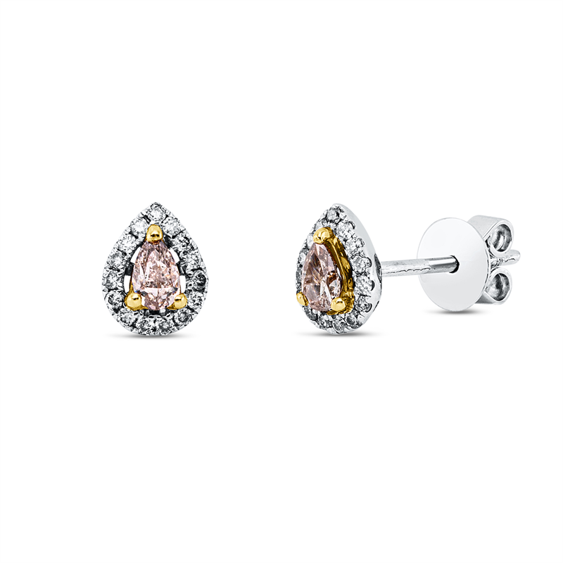 Ohrstecker 18 kt WG, 2 Tropfen 0,22 ct, pink-si, 30 Brill. 0,12 ct, champagner