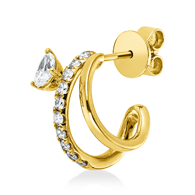 Ohrstecker 18 kt GG, Einzelstück, 10 Brill. 0,14 ct, TW-si, 1 Tropfen 0,19 ct, gelb