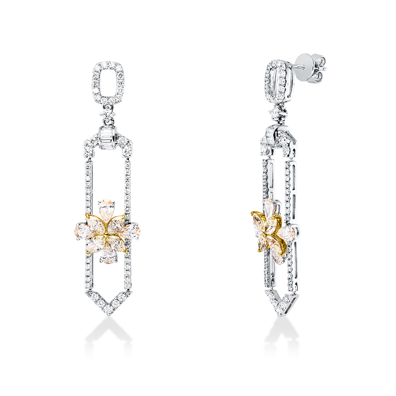 Ohr. 18 kt W/Gi, 8 Tro 1,25 ct, TW-vsi, 8 Bag. 0,32 ct, 116 Br. 1,23 ct, TW-si, 8 Nav. 1,15 ct, gelb