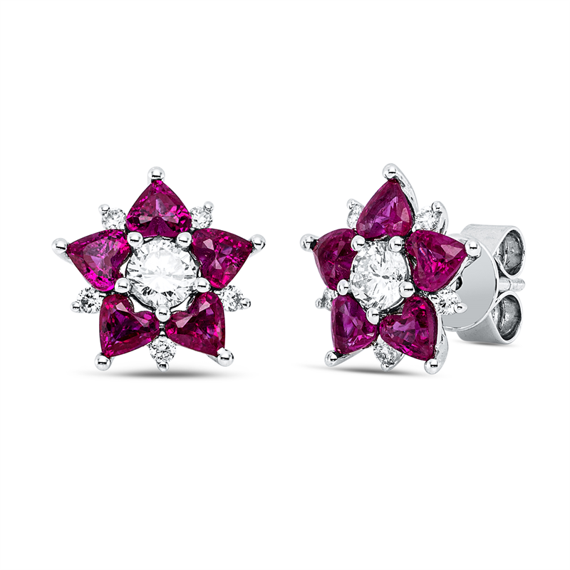Ohrstecker 18 kt WG, 2 Brill. 0,41 ct, W-si/pi, 10 Brill. 0,12 ct, W-si/pi, 10 Rubine 1,85 ct rot