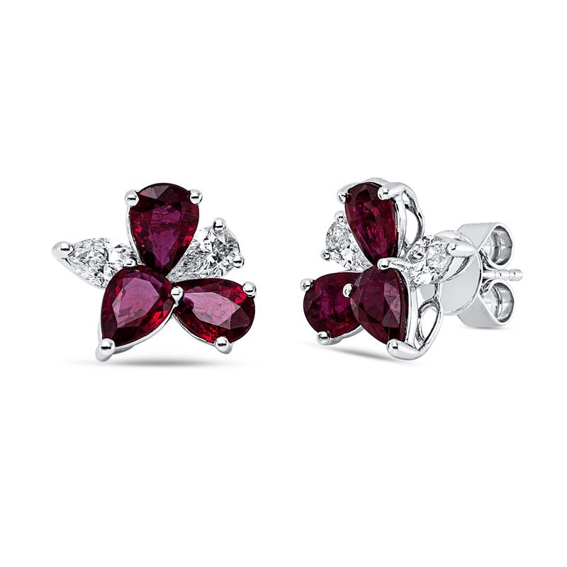 Ohrstecker 18 kt WG, 2 Tropfen 0,39 ct, TW-si, 2 Nav. 0,37 ct, TW-si, 6 Rubine 2,89 ct rot
