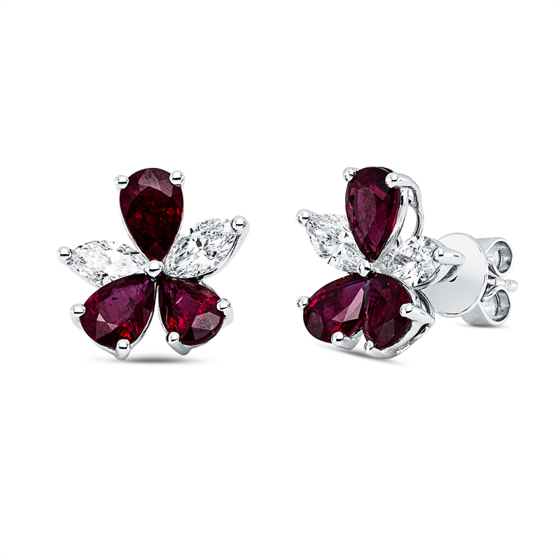 Ohrstecker 18 kt WG, 4 Nav. 0,83 ct, TW-si, 6 Rubine 3,03 ct rot
