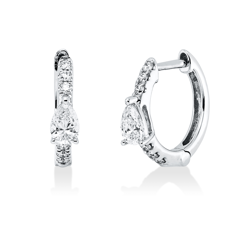 Creolen 18 kt WG, 2 Tropfen 0,35 ct, TW-vsi, 12 Brill. 0,10 ct, TW-vsi