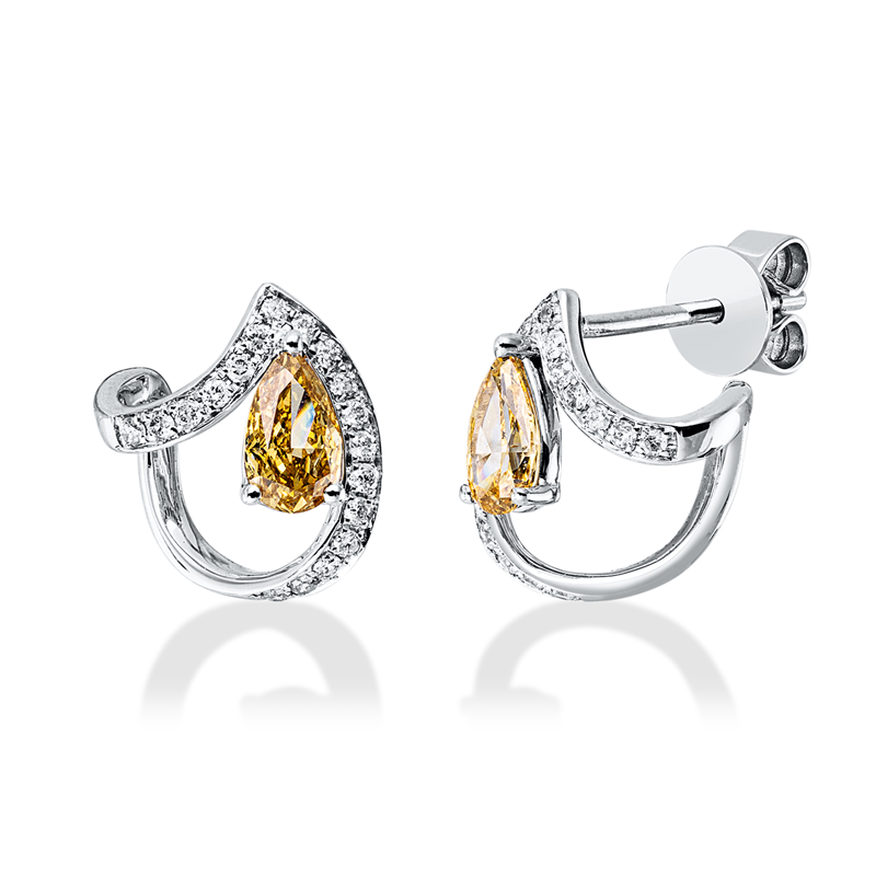 Ohrstecker 18 kt WG, 36 Brill. 0,14 ct, TW-pi, 2 Tropfen 0,48 ct, gelb