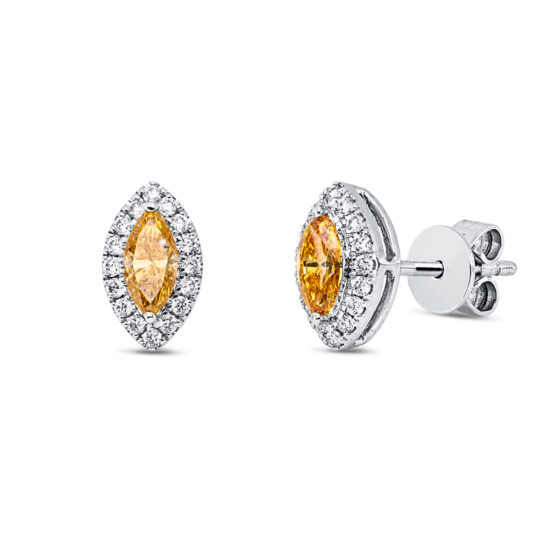 Ohrstecker 18 kt WG, 32 Brill. 0,13 ct, TW-vsi, 2 Nav. 0,37 ct, gelb