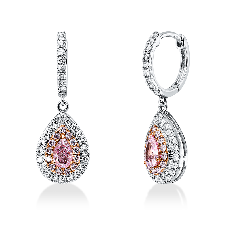 Ohrschmuck 18 kt WG+RG, 84 Brill. 0,58 ct, TW-vsi, 2 Tropfen 0,52 ct, pink