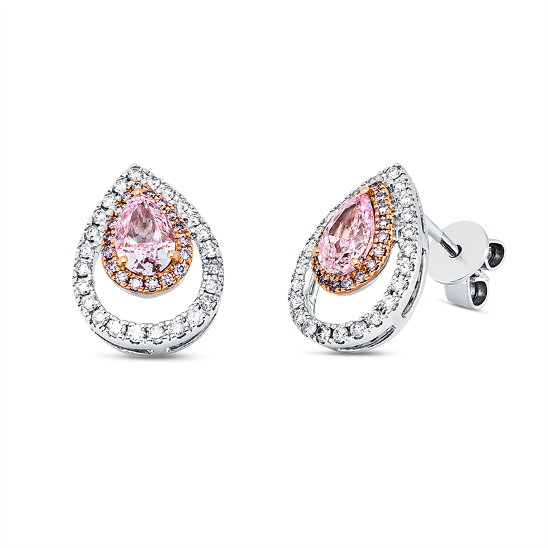 Ohrstecker 18 kt WG+RG, 48 Brill. 0,22 ct, TW-si/pi, 36 Dia. 0,08 ct, pink, 2 Tropfen 0,63 ct, pink
