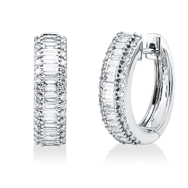 Creolen 18 kt WG, 34 Bag. 0,92 ct, TW-vsi, 60 Brill. 0,34 ct, TW-vsi