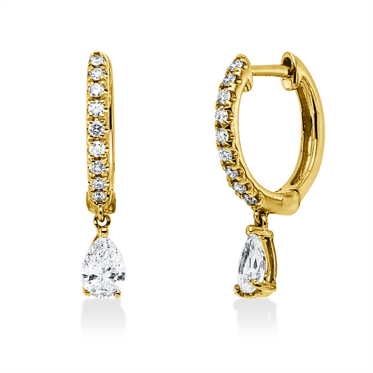 Creolen 18 kt GG, 2 Tropfen 0,38 ct, TW-vsi, 18 Brill. 0,14 ct, TW-vsi