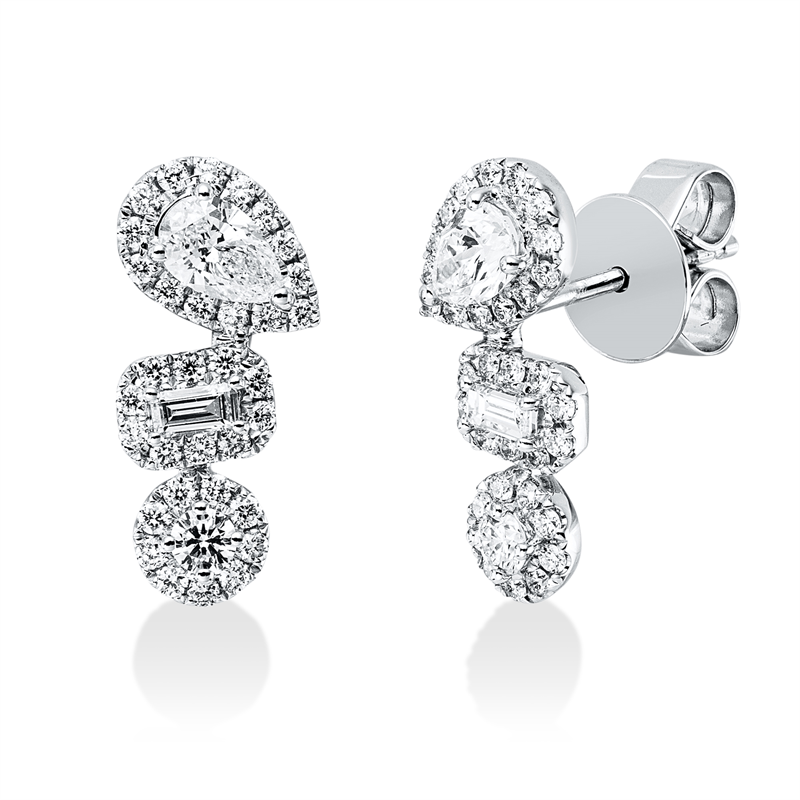 Ohrstecker 18 kt WG, 2 Tropfen 0,36 ct, TW-vsi, 2 Bag. 0,08 ct, TW-vsi, 68 Brill. 0,40 ct, TW-vsi