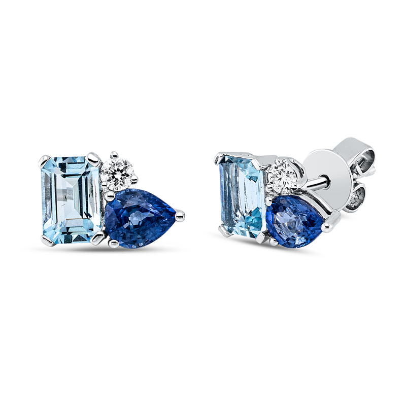 Ohrstecker 18 kt WG, 2 Brill. 0,10 ct, TW-vsi, 2 Aquamarin 0,96 ct blau, 2 Saphire 0,90 ct blau