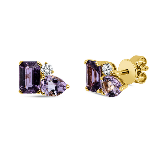 Ohrstecker 18 kt GG, 2 Brill. 0,10 ct, TW-vsi, 2 Amethyste 0,64 ct pink, 2 Saphire 1,34 ct lila