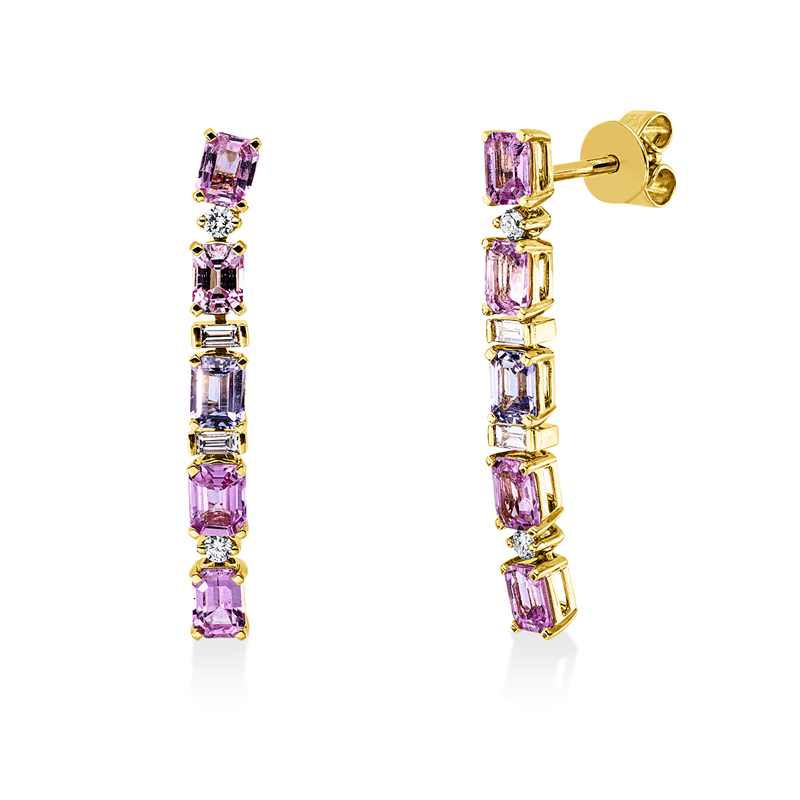 Ohrstecker 18 kt GG, 4 Bag. 0,12 ct, TW-vsi, 4 Brill. 0,08 ct, TW-vsi, 10 Saphire 2,60 ct multicolor