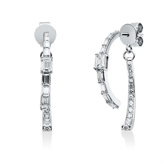 Ohrschmuck 18 kt WG, 2 Sm.schliff 0,40 ct, TW-vsi, 16 Bag. 0,36 ct, TW-vsi, 28 Brill. 0,64 ct, TW-vsi