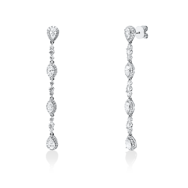 Ohrschmuck 18 kt WG, 4 Tropfen 0,80 ct, TW-vsi, 4 Nav. 0,60 ct, TW-vsi, 130 Brill. 1,20 ct, TW-vsi