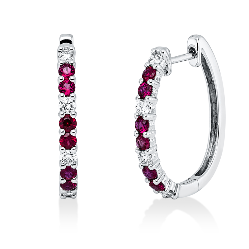 Creolen 18 kt WG, 8 Brill. 0,27 ct, TW-vsi/si, 12 Rubine 0,55 ct rot