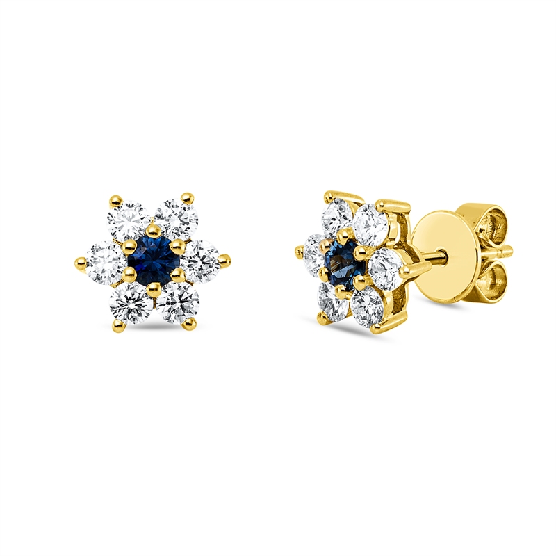Ohrstecker 18 kt GG, 12 Brill. 0,74 ct, TW-vsi/si, 2 Saphire 0,29 ct blau
