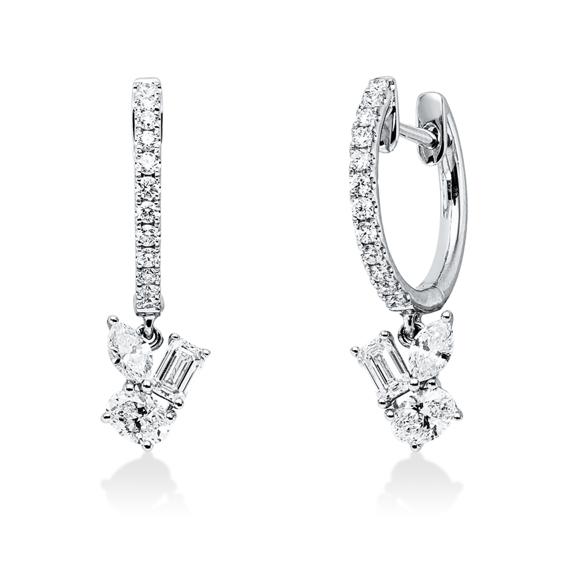 Ohrschmuck 18 kt WG, 2 Sm.schliff 0,31 ct, 2 Nav. 0,22 ct, 2 Oval 0,35 ct, 24 Brill. 0,24 ct, TW-vsi/si