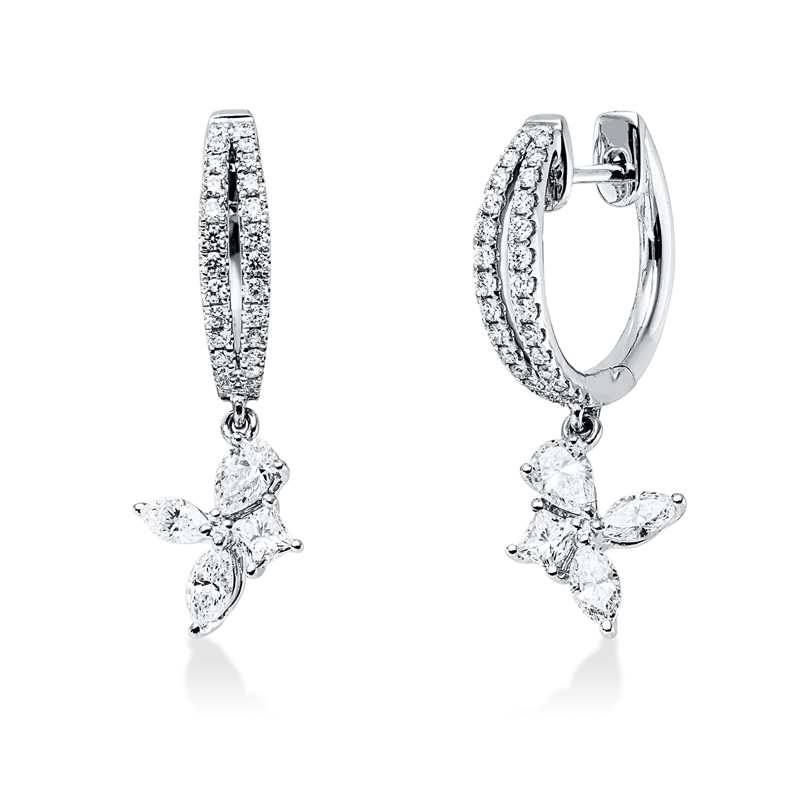 Ohrschmuck 18 kt WG, 2 Tropfen 0,30 ct, 4 Nav. 0,39 ct, 2 Princ. 0,23 ct, 56 Brill. 0,36 ct, TW-vsi/si