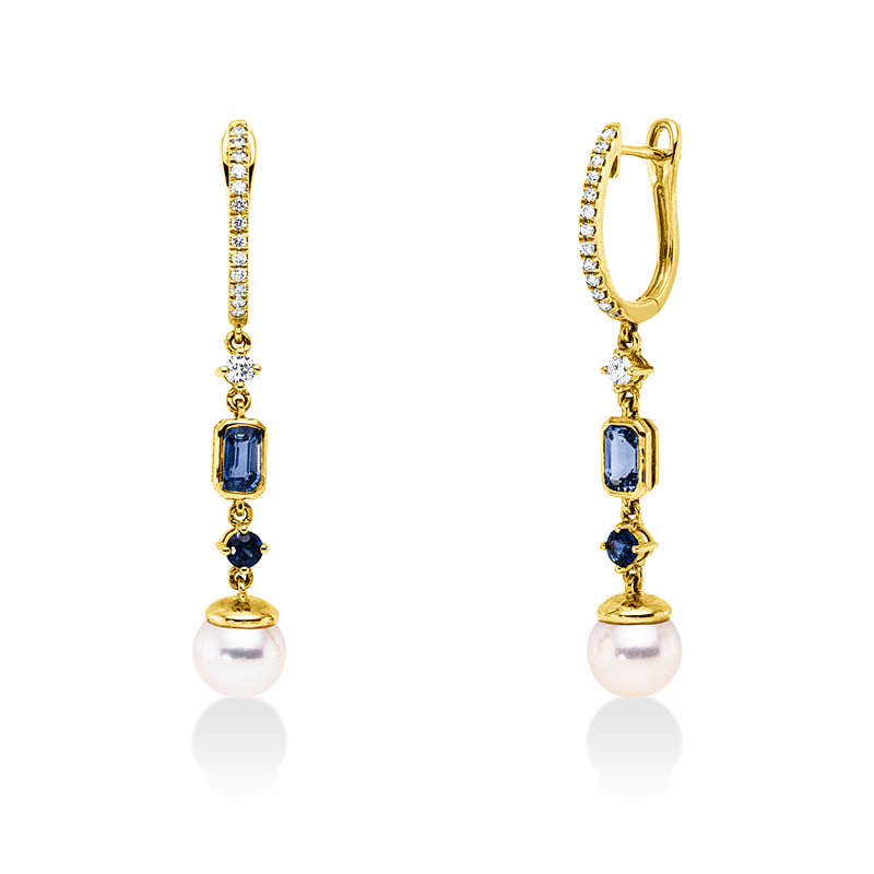 Ohrschmuck 18k GG, 28 Brill.0,24ct, TW-si, 2 Saphire 0,87ct blau, 2 Saphire 0,21ct blau, 2 SW weiß 7 mm