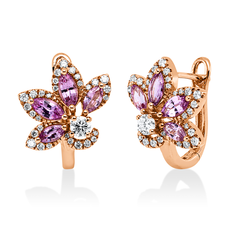 Ohrschmuck 18 kt RG, 2 Brill. 0,16 ct, TW-si, 60 Brill. 0,22 ct, TW-si, 8 Saphire 1,07 ct pink