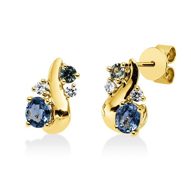 Ohrschmuck 18 kt GG, 4 Brill. 0,14 ct, TW-si, 2 Saphire 0,84 ct blau, 2 Saphire 0,23 ct grün