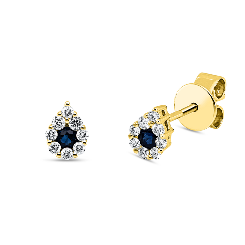 Ohrstecker 18 kt GG, 16 Brill. 0,14 ct, TW-pi, 2 Saphire 0,14 ct blau