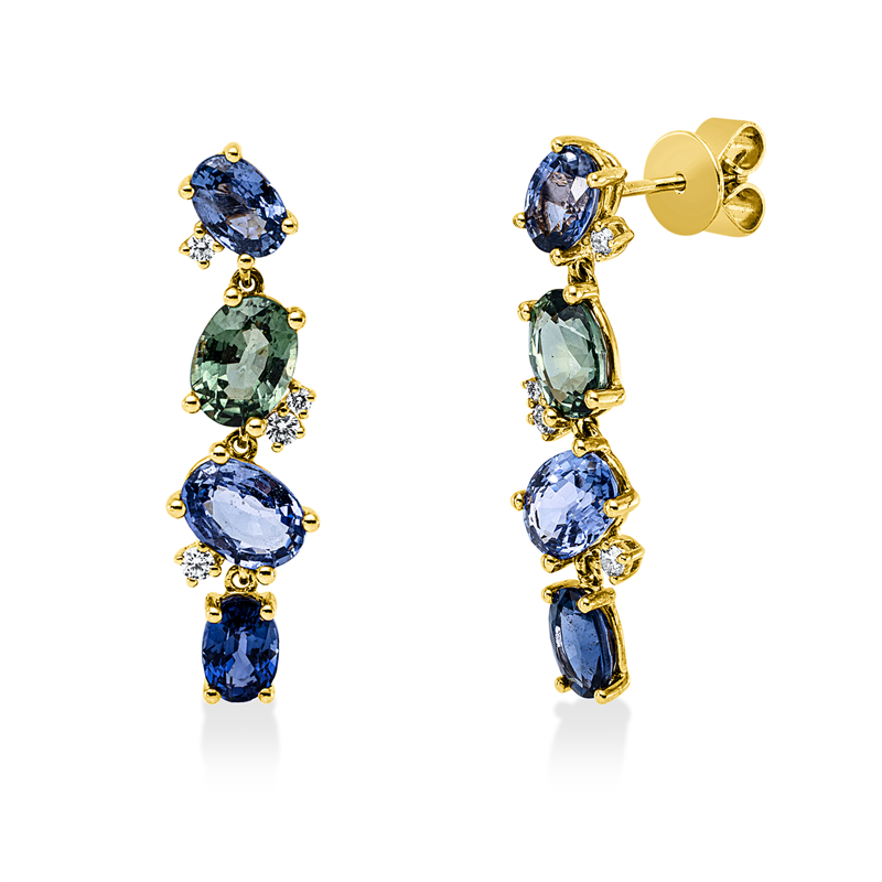 Ohrschmuck 18 kt GG, 8 Brill. 0,13 ct, TW-si, 2 Sap 2,12 ct grün, 2 Sap 1,99 ct blau, 4 Sap 2,72 ct blau