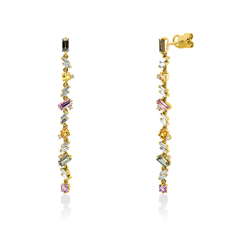 Ohrschmuck 18 kt GG, 20 Bag. 0,34 ct, TW-vsi, 8 Brill. 0,04 ct, TW-si, 6 Sap 1,00 ct, 6 Sap 0,56 ct multi