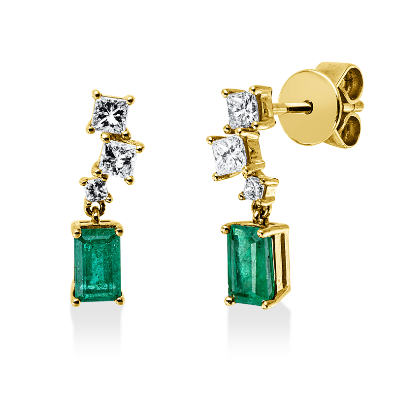 Ohrstecker 18 kt GG, 6 Princ. 0,32 ct, TW-si, 2 Smaragde 0,70 ct grün