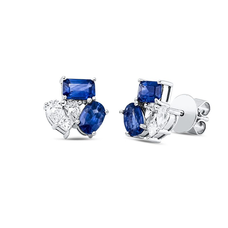 Ohrstecker 18 kt WG, 4 Tropfen 0,56 ct, TW-vsi, 2 Princ. 0,14 ct, TW-vsi, 4 Saphire 2,25 ct blau