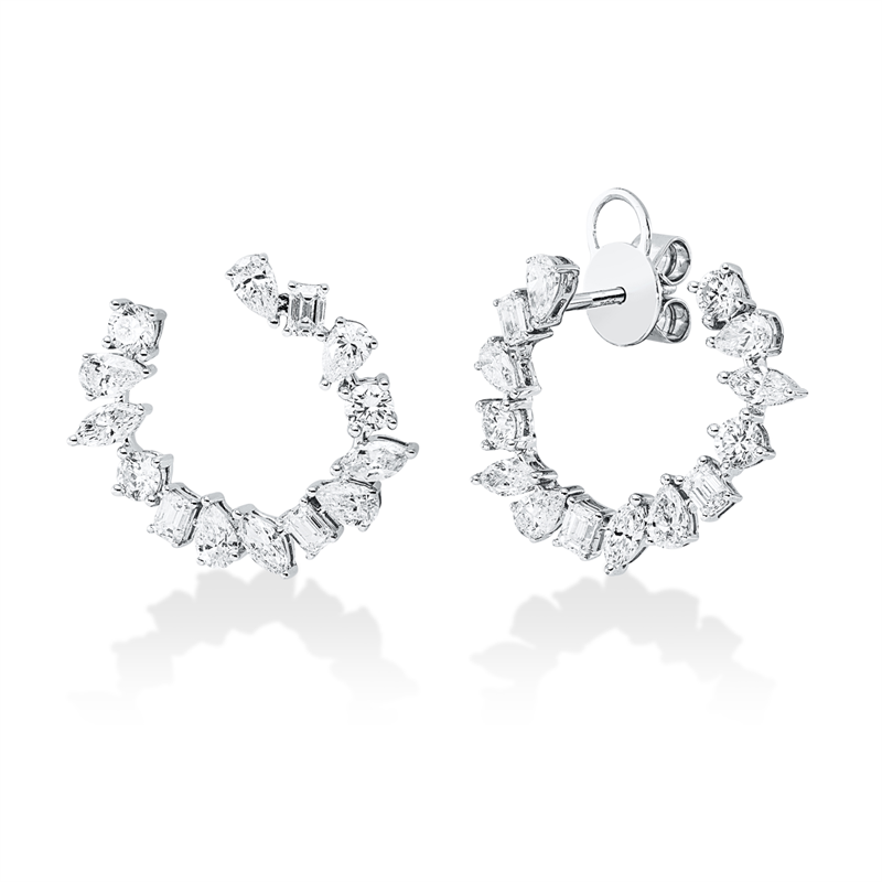 Ohrstecker 18 kt WG, 6 Sm.schliff 0,56 ct, 6 Nav. 0,53 ct, 10 Tropfen 1,10 ct, 6 Brill. 0,06 ct, TW-vsi