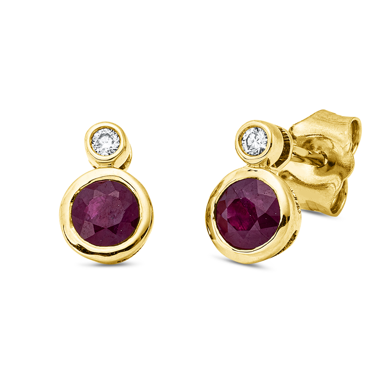 Ohrstecker 18 kt GG, 2 Brill. 0,03 ct, TW-si, 2 Rubine 0,60 ct rot
