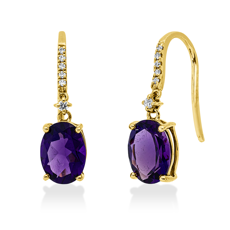 Ohrschmuck 18 kt GG, 12 Brill. 0,06 ct, W-si, 2 Amethyste 1,76 ct lila