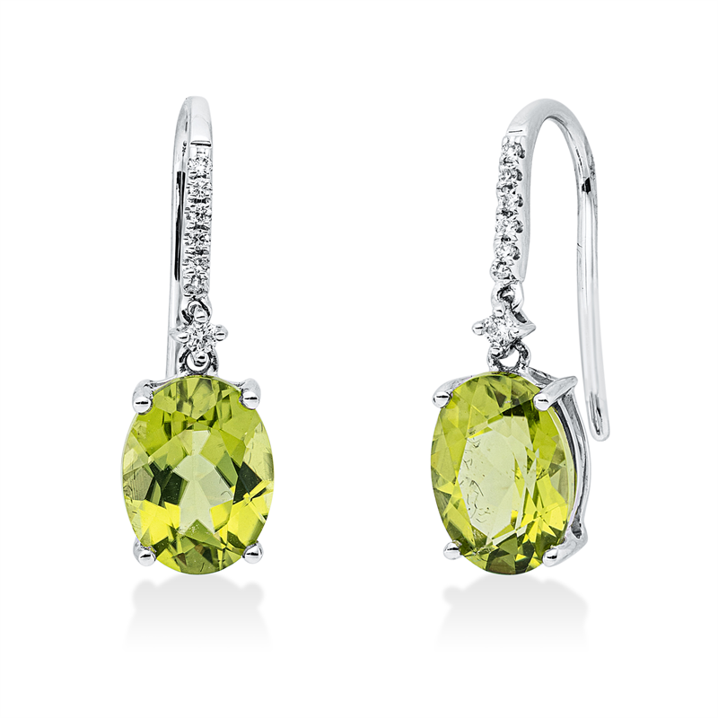 Ohrschmuck 18 kt WG, 12 Brill. 0,05 ct, W-si, 2 Peridot 2,97 ct grün
