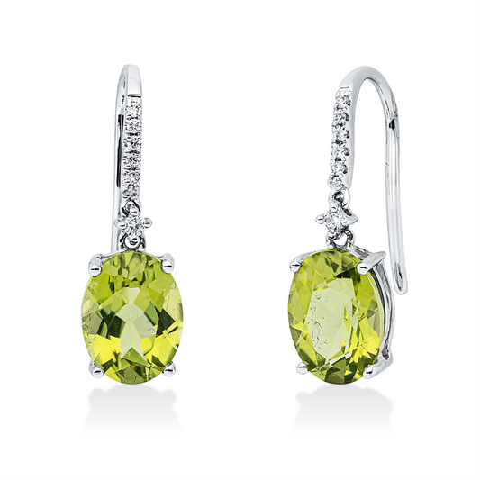 Ohrschmuck 18 kt WG, 12 Brill. 0,05 ct, W-si, 2 Peridot 2,97 ct grün