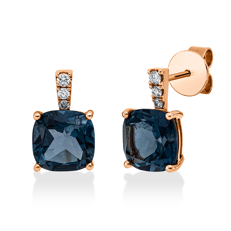 Ohrstecker 18 kt RG, 6 Brill. 0,10 ct, W-si, 2 Topase 4,94 ct Lond. blue